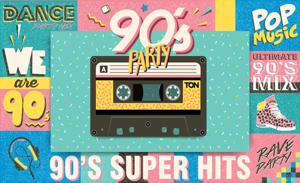 Jaren 90 muziek mix. Trendy. Retro-stijl ontwerp club. 90 's party, jaren 90 mode, jaren 90 achtergrond — Stockvector