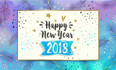 Mutlu yeni yıl kartı. 2018. tebrik kış afiş poster hat. Floresan arka plan üzerinde el ile yazılmış yazı. Trendy Memphis 80's ve 90 's stil şablonu kolay düzenlenebilir Your tasarımı için.