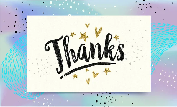 Thanks Greeting Card Poster Calligraphy Gold Fireworks Star Hearts Handwritten — Stock Vector