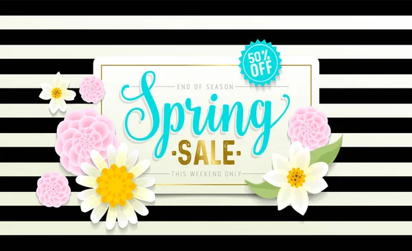 Banner Venta Super Spring Tarjeta Floral Corte Papel Flor Primavera — Vector de stock