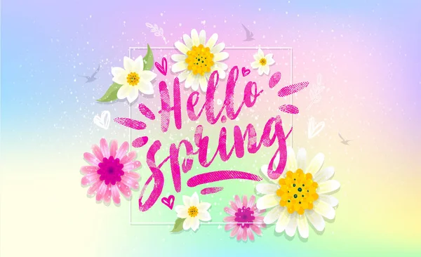 こんにちは 春のバナー トレンディなテクスチャです 休日のロゴをシーズンします 春の時間の壁紙 幸せな春の日 春のベクトル文字テキスト ファッショナブルなスタイリング 花のベクトル — ストックベクタ