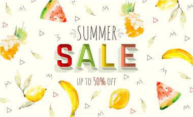 Yaz satış vektör web afiş tasarımları ve özel teklifler yaz tatili için alışveriş promosyon ile renkli arka planlar ve suluboya öğeleri depolar. Modern trendy vektör çizim.