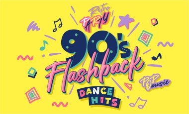 90 'ların posteri. Doksanların geçmişe dönüşü. Retro müzik tarzı dokular ve nesneler karışımı. Estetik moda geçmişi ve eski moda grafikleri. Vintage vektör 90 'ın giriş kartı, afiş. Kolay düzenlenebilir şablon. 
