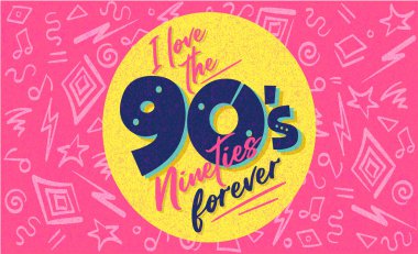 90 'ların posteri. Doksanların geçmişe dönüşü. Retro müzik tarzı dokular ve nesneler karışımı. Estetik moda geçmişi ve eski moda grafikleri. Vintage vektör giriş kartı, afiş. Kolay düzenlenebilir şablon.