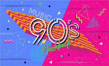 90 'ların posteri. Doksanların geçmişe dönüşü. Retro müzik tarzı dokular ve nesneler karışımı. Estetik moda geçmişi ve eski moda grafikleri. Vintage vektör 90 'ın giriş kartı, afiş. Kolay düzenlenebilir şablon. 