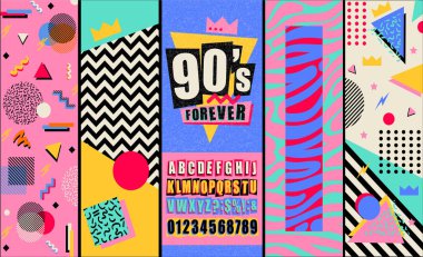 90 'lar ve 80' ler posteri. 90 'lar sonsuza dek. Retro tarzı dokular ve alfabe karışımı. Estetik moda geçmişi ve seksenler grafikleri. Pop ve rock müzik parti şablonu. Vintage vektör posteri, afiş.