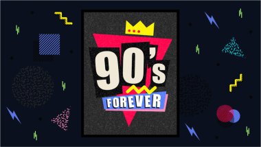 90 'lar ve 80' ler posteri. 90 'lar sonsuza dek. Retro tarzı dokular ve alfabe karışımı. Estetik moda geçmişi ve seksenler grafikleri. Pop ve rock müzik parti şablonu. Vintage vektör posteri, afiş.