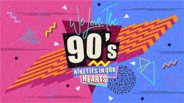 90 'lar ve 80' ler posteri. 90 'lar sonsuza dek. Retro tarzı dokular ve alfabe karışımı. Estetik moda geçmişi ve seksenler grafikleri. Pop ve rock müzik parti şablonu. Vintage vektör posteri, afiş.