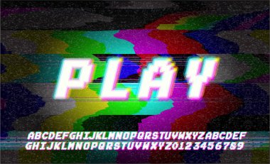 Ekran arızası statik gürültülü piksel sanat tarzında Arıza Hatası Vhs vektör ifadesi. Rgb Renk Çizimi. Retro alfabe yazı tipi. Televizyon ekranı bozuyor. Temel platform. Ara sıra pikseller.
