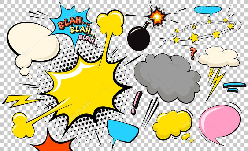 Pop art cloud bubble. Funny speech bubble. Trendy Colorful retro vintage background in popart retro comic style. Illustration easy editable for Your design. Explosion comic cartoon effect.