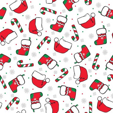  Kusursuz Noel çizgi filmi çizimi. Beyaz arka planda renkli çoraplar, Noel Baba şapkaları ve şeker kamışları. Kar taneleri ve konfetiyle vektör arkaplan.