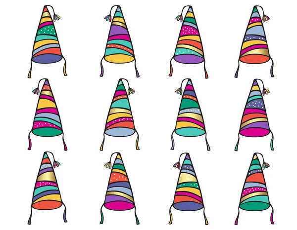 Jolies Casquettes Fête Dessin Animé Lumineux Vecteur Coloré Icônes Drôles — Image vectorielle