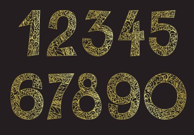  Numaralar 0-9. El çizimi altın karalama vektörü simgeleri ayarlandı. Siyah arkaplanda izole edilmiş biçim çizimi.