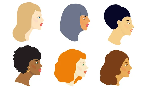 Six Female Faces Different Cultures Nations Profile Cartoon Color Vector — Stock Vector