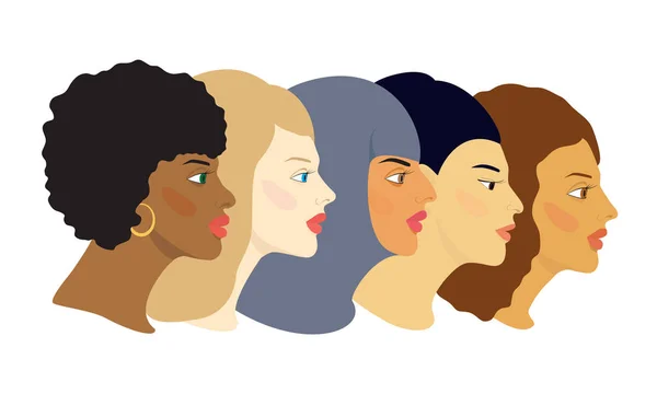 Five Female Faces Different Cultures Nations Profile Cartoon Color Vector — Stock vektor