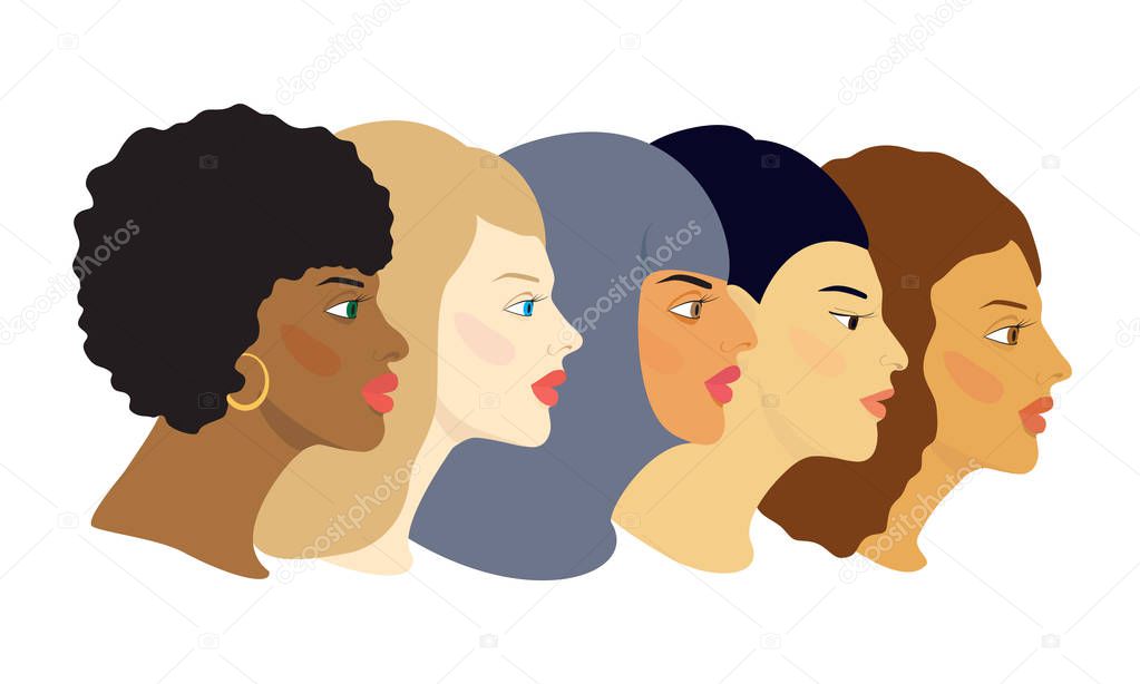 : Five female faces of different cultures and nations in profile. Cartoon color vector illustration isolated on a white background.