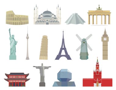  World tourist architectural landmarks. Colored icons in a flat style set. Isolated illustration on a white background. clipart