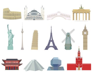  Dünya turizm mimarisi simgeleri. Düz stil sette 14 renk simgesi. Beyaz bir arkaplanda izole resimleme.