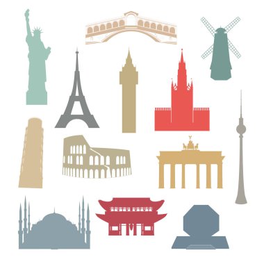 World famous architectural landmarks. Set of color isolated silhouette icons. clipart