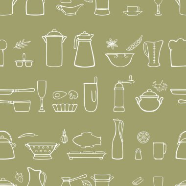 Yemek takımları, baharatlar ve yemek aletleri. Kusursuz yatay vektör deseni. Zeytin arkaplanda doğrusal el çizimi.