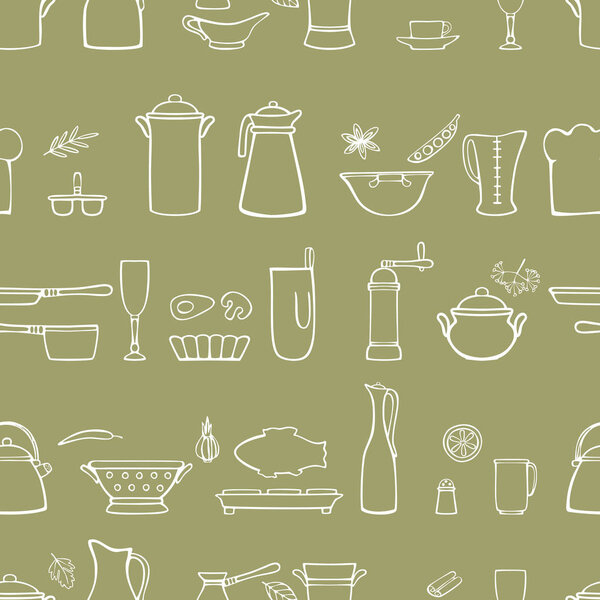 Cookware, spices and cooking tools. Seamless horizontal vector pattern. Linear hand drawing on an olive background.