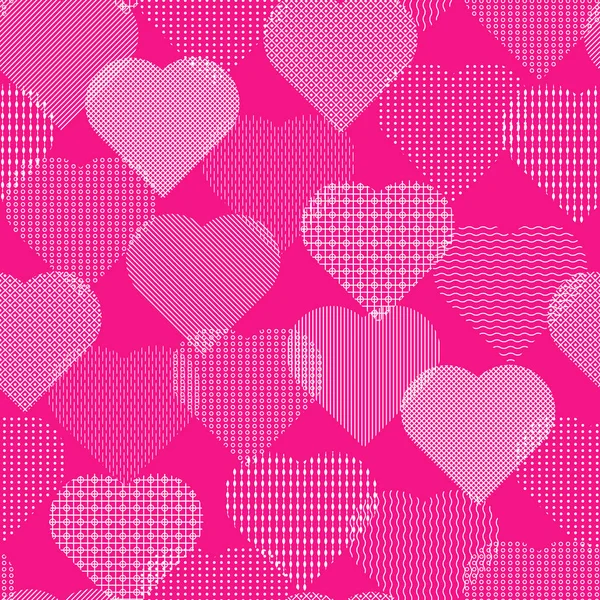 Сердца Различными Геометрическими Орнаментами Бесшовная Векторная Иллюстрация Розовом Фоне — стоковый вектор