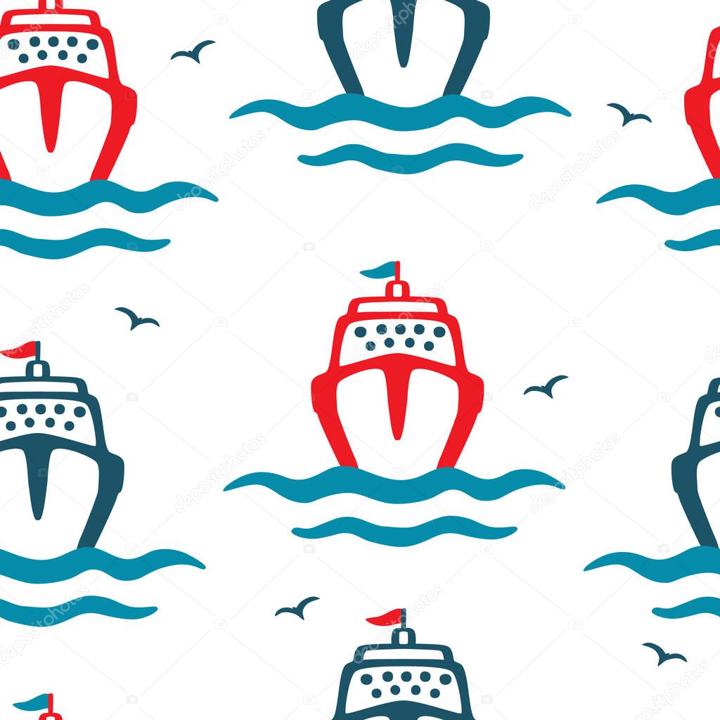 Cartoon Sea liners and seagulls. Seamless color vector pattern on a white background.