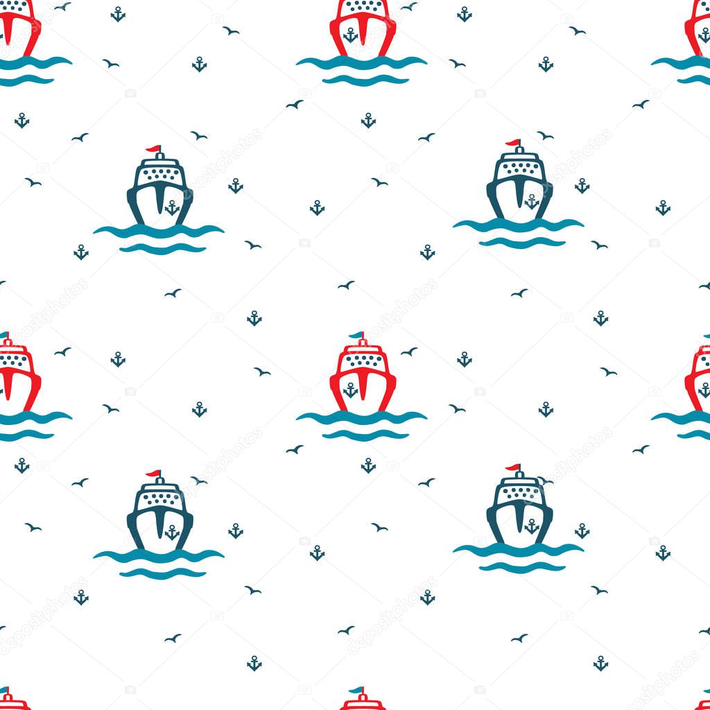 Cartoon Sea liners, anchors, seagulls. Seamless color vector pattern on a white background.