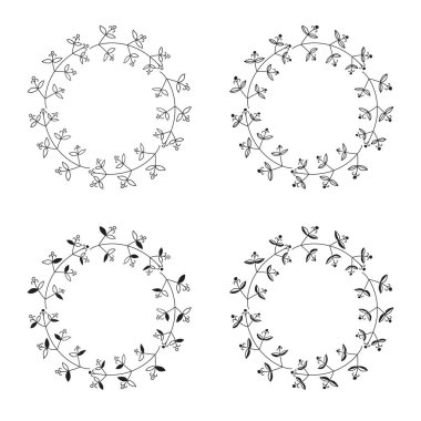 Yaprak ve dallardan oluşan bir çelenk. Beyaz arkaplanda izole edilmiş siyah-beyaz çiçek çerçeveleri..