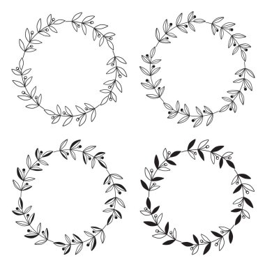 Yaprak ve dallardan oluşan çelenkler. Beyaz arkaplanda izole edilmiş dört adet siyah-beyaz çiçek çerçevesi..