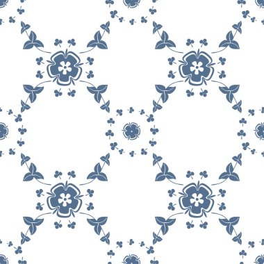 Yabani çiçekler ve yapraklar. Biçimlendirilmiş vektör beyaz arkaplan üzerinde lekesiz mavi desen.