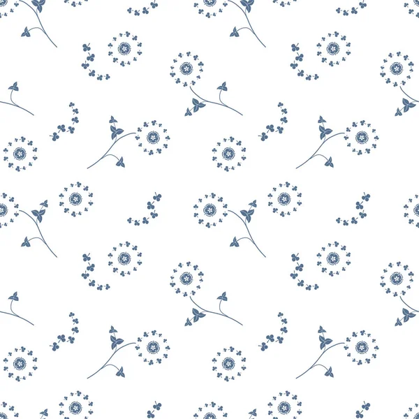 Fleurs Sauvages Feuilles Stylisées Élégant Vecteur Motif Bleu Sans Couture — Image vectorielle