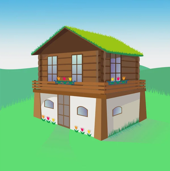 Vektorová Barva Ilustrace Dvoupatrového Domu Zelenou Střechou Květinami — Stockový vektor
