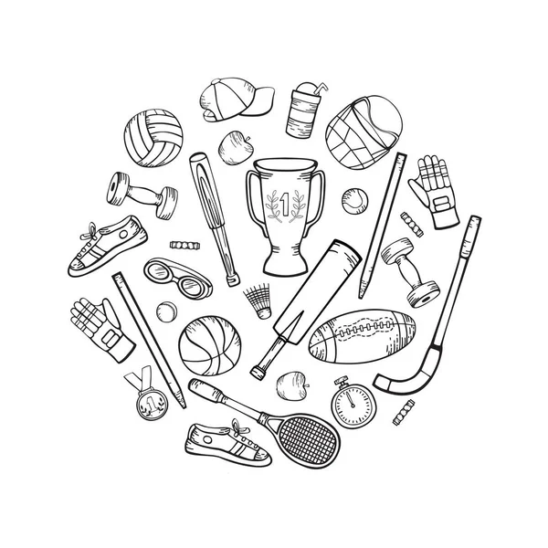 Sports Equipment Accessories Vector Hand Drawing Cartoon Style Black White — Stock Vector