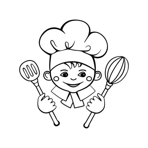 少し料理人の笑顔かわいい顔 白地に隔離された漫画風の手描きベクトルドローイング 白と黒のアイコン — ストックベクタ