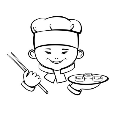 Suşi ile gülümseyen sevimli Asyalı küçük şef. Beyaz arkaplanda logo vektör simgesi izole edildi. El çizimi.