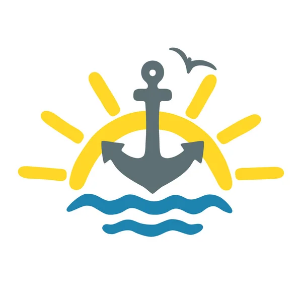 Морські Хвилі Сонце Якір Ручний Векторний Кольоровий Логотип Або Банер — стоковий вектор