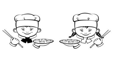 Smiling girl and boy. Cute cartoon little cooks with sushi. Logo vector icon isolated on white background. Hand drawing. clipart