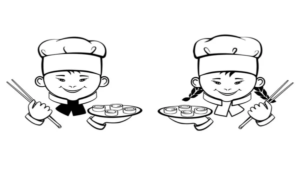 Muchacho Sonriente Lindos Cocineros Dibujos Animados Con Sushi Logo Icono — Archivo Imágenes Vectoriales