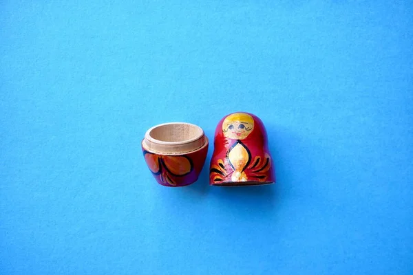 Red Wooden Matryoshka Doll Blue Background Typical Russian Objects — Stock Photo, Image