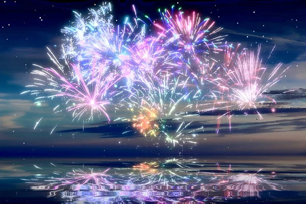 Schöne Glückliche Neue Jahr Feuerwerk Himmel Mit Reflexionen Auf Dem — Stockfoto