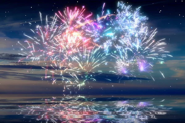 Beautiful Happy New Year Fireworks Sky Reflections Water — Stock Photo, Image