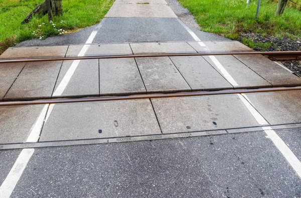 Traversée Chemin Fer Sur Une Route Campagne Jour Été — Photo