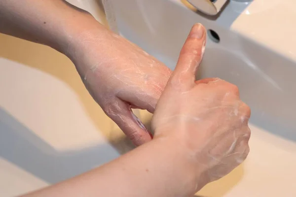 Nettoyage Lavage Des Mains Avec Savon Prévention Contre Épidémie Coronavirus — Photo