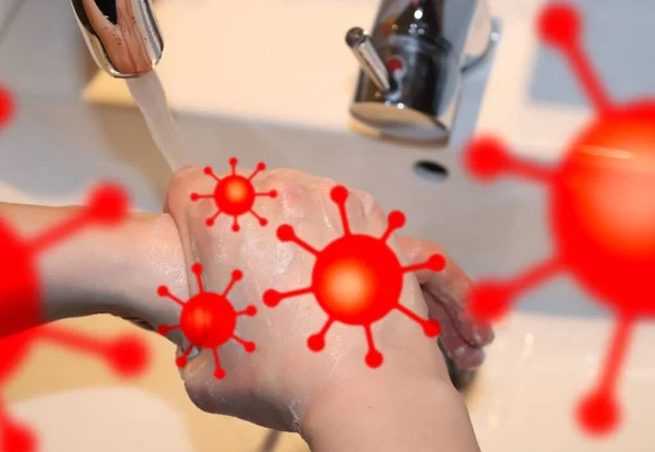 Schoonmaken Handen Wassen Met Zeeppreventie Voor Uitbraak Van Coronavirus 2019 — Stockfoto