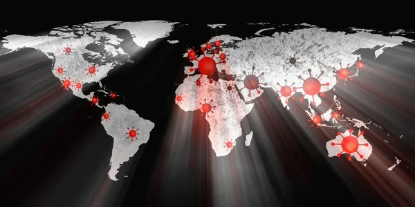 Wereld Kaart Weergave Corona Virus Vlekken Met Lichtverf Schets Technieken — Stockfoto