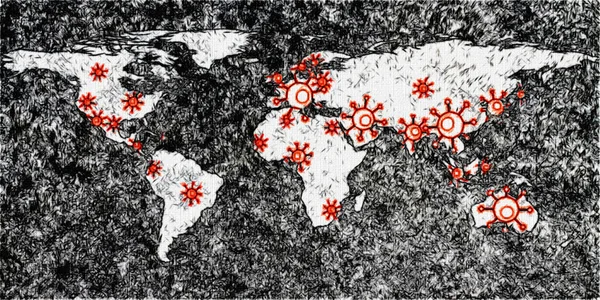 Wereld Kaart Weergave Corona Virus Vlekken Met Lichtverf Schets Technieken — Stockfoto