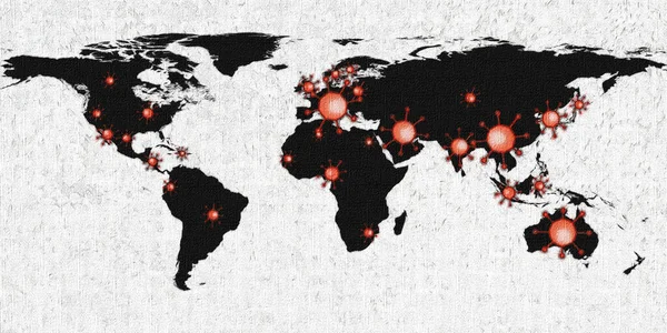 Wereld Kaart Weergave Corona Virus Vlekken Met Lichtverf Schets Technieken — Stockfoto