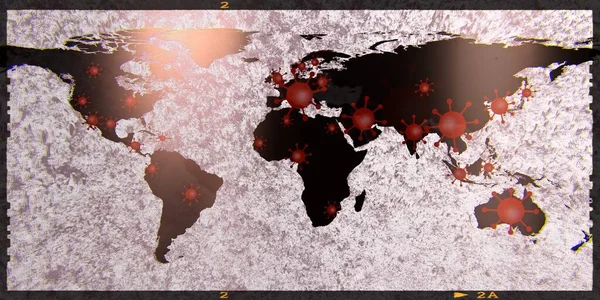 Вид Мировую Карту Вспышкам Вируса Короны Ковид Аналоговой Фотографией — стоковое фото