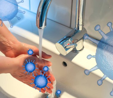 Coronavirus 2019-ncov salgını için sabun önleyicisiyle ellerini temizleme ve yıkama